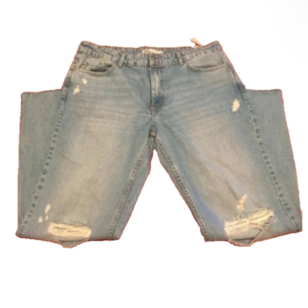 Zara Ripped Distressed Straight Denim Jeans Size 10 Mid Rise